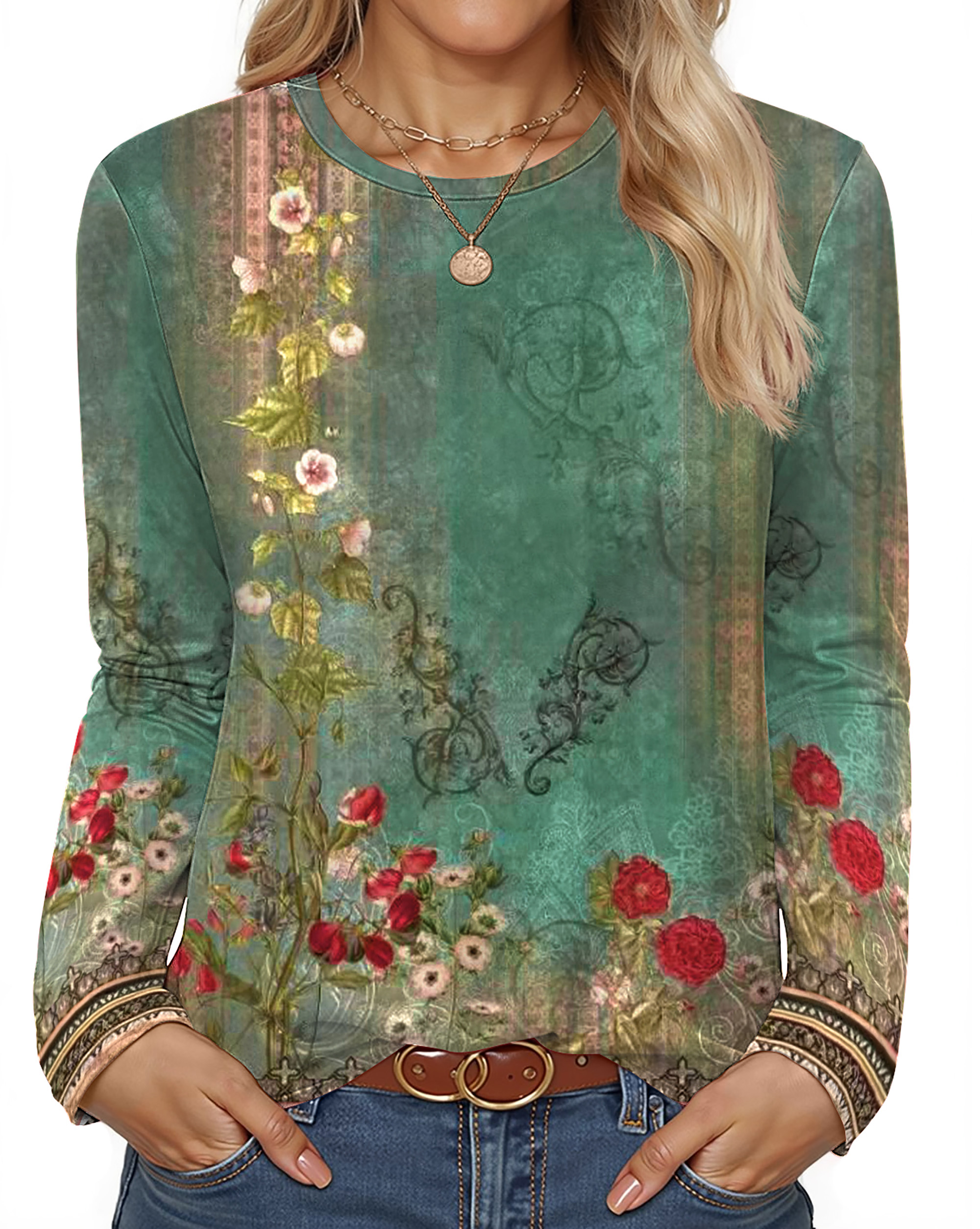 Fantaslook Women Tunic Tops Casual Long Sleeve Shirts Crew Neck Fall Tops Basic Tees Floral Dressy Blouses