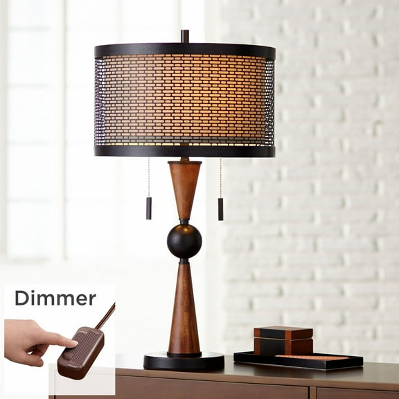 Franklin Iron Works Hunter Rustic Farmhouse Table Lamp with Table Top Dimmer 29 3/4" Tall Bronze Cherry Wood Metal Double Drum Shades for Bedroom Kids