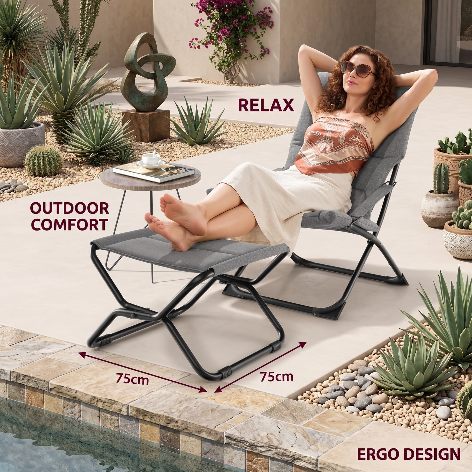 Furnibear Folding Padded Sling Chair with Ottoman Footrest and Removable Cushion for Outdoor Patio and Camping Use, Gray