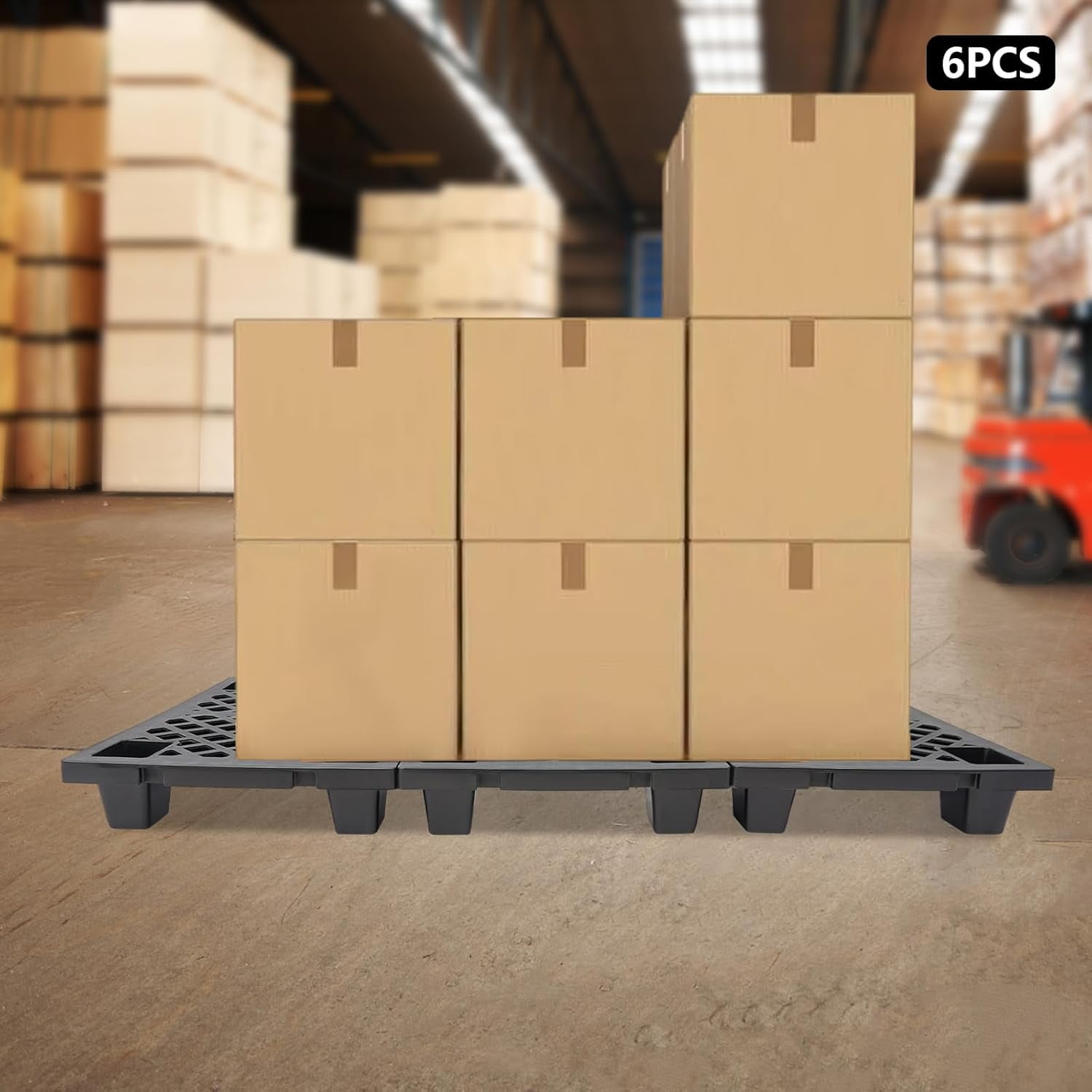 6 Pcs Plastic Pallets 15 x 24 Inch, Waterproof Stackable Storage Floor Pallet Basement Display Pad for Garage, Supermarket, Warehouse, Support Up to 220 Lbs Black