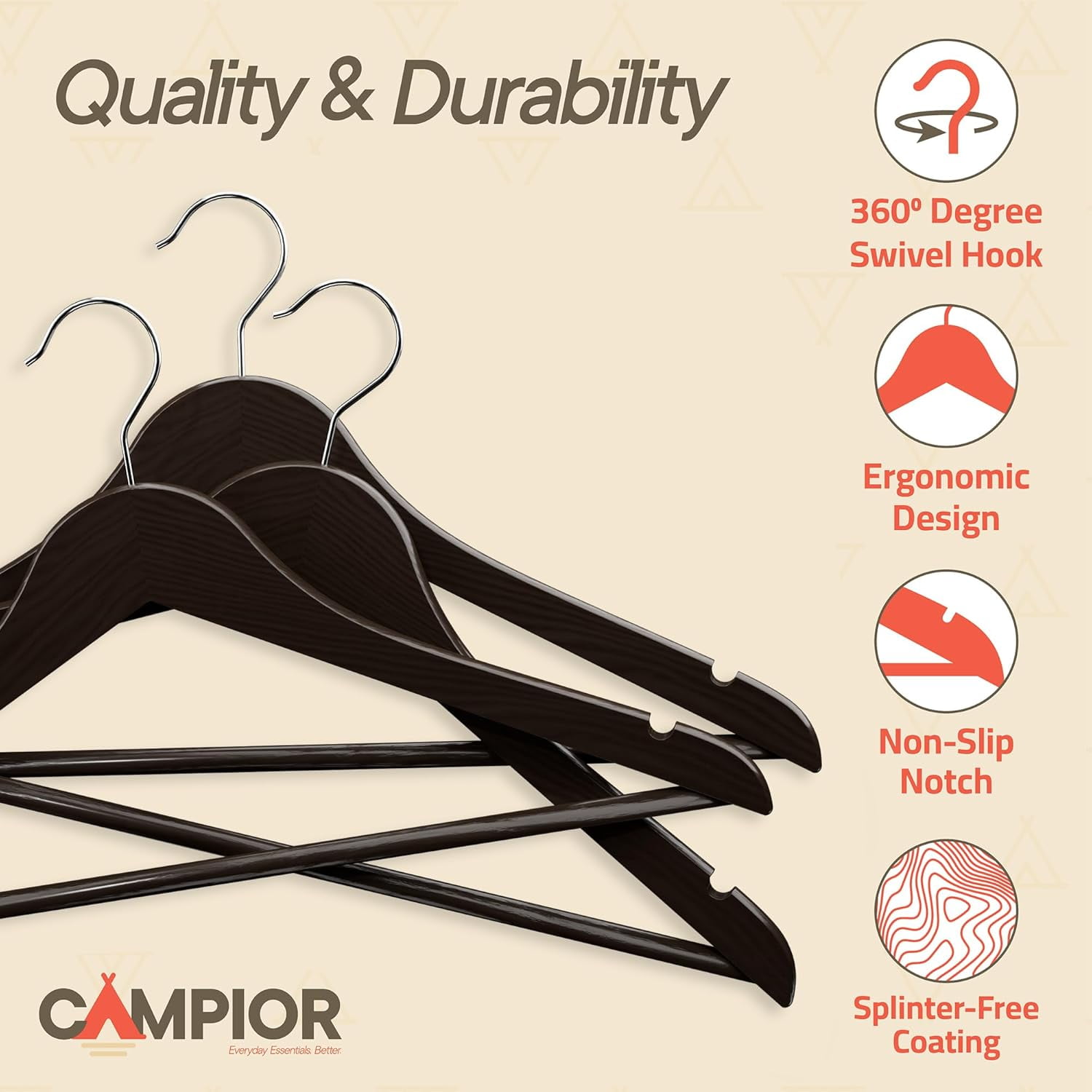 Brown Wooden Hangers 60 Pack – Heavy-Duty with 360° Swivel Hook, Non-Slip, Pants Bar & Shoulder Grooves - Wooden Hangers for Suits, Jackets, Dresses & Camisoles, Space-Saving and Smooth Finish