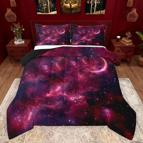 Feelyou Pink Dreamy Galaxy Bedding Comforter Set, Moon Stars Starry Sky Twin Comforter Sets, Teens Kids Boys Girls Reversible Bedding Set, Breathable Home Decor, 2-Piece