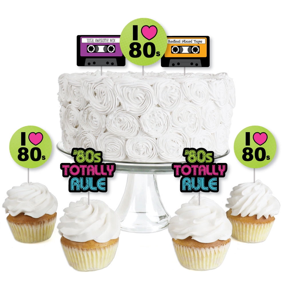 Set of 12 Retro 80s Plastic Cake Picks Smiley Face Balloon Toppers