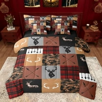 Homewish Rustic Cameflage Bedding Comforter Set 7pcs, Hunting Wildlife Deer King Bedding Sets, Red Buffalo Patchwork Reversible Bed Sheets, Luxury Bedroom Decor