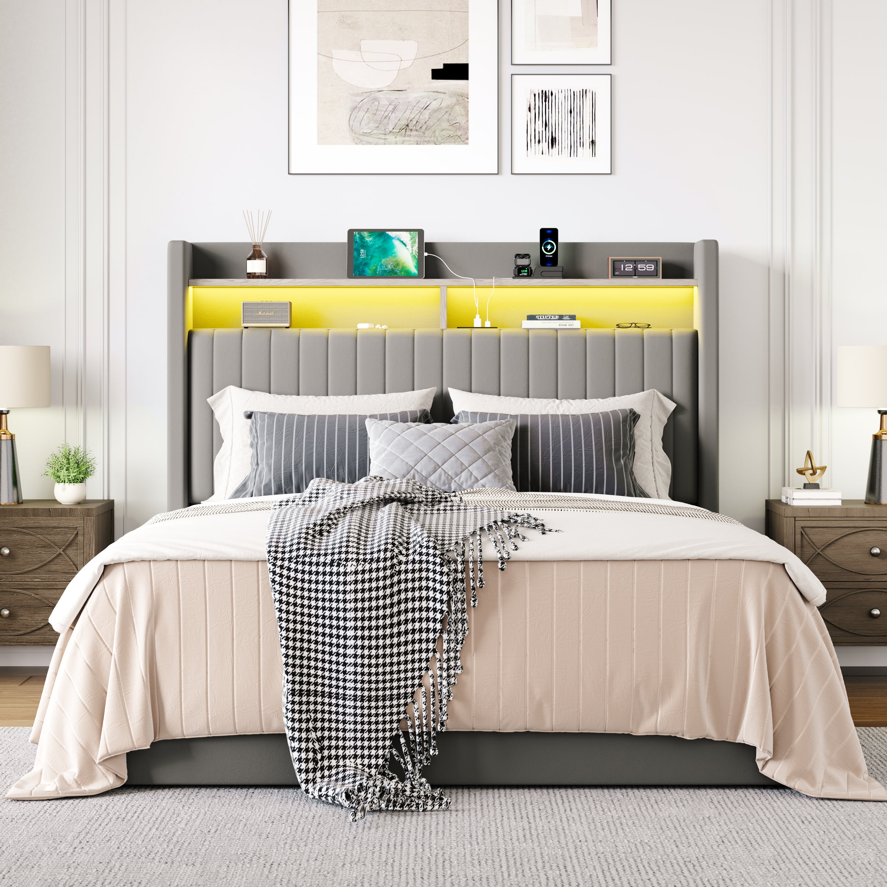 Amolife Full Hydraulic Lift-Up Storage Bed Frame, LED Headboard with Fast Charging (USB/Type-C), 2-Tier Shelves & Velvet Upholstered, Gray