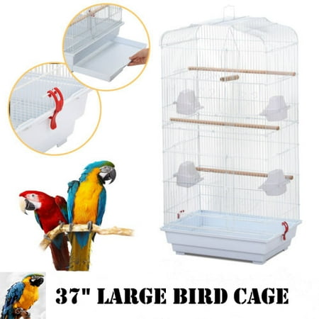 Ktaxon 37" Large Bird Parrot Cage Canary Parakeet Cockatiel LoveBird Finch Bird Cage w/Wood Perches & Food Cups- White