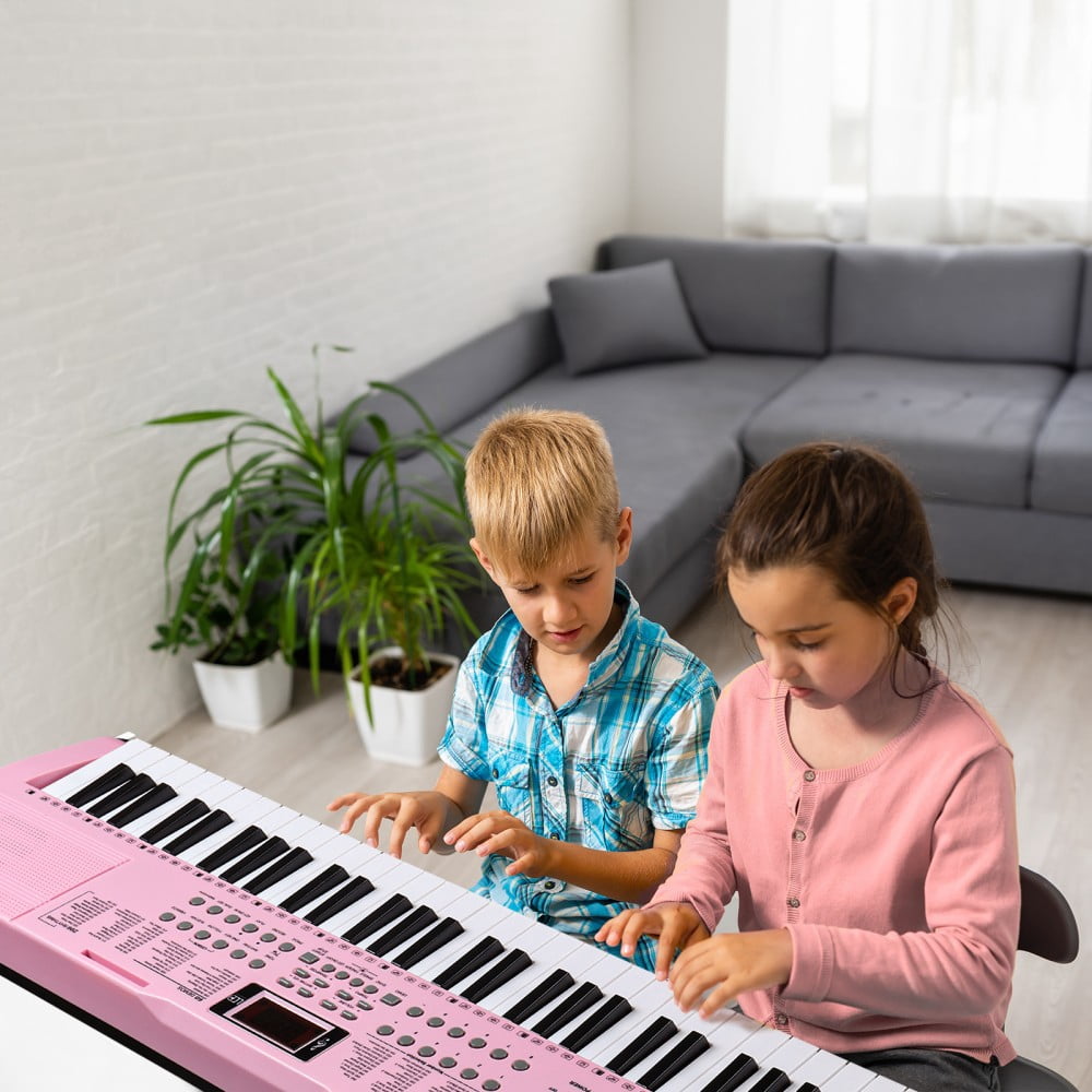 61-Key Portable Electric Keyboard Piano with Built-In Speakers, LED Screen, Headphones, Microphone, Piano Stand, Music Sheet, Including Stand and Stool (Pink)