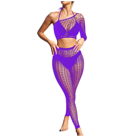 JSGEK Women Halter Neck Fishnet Crop Top and Pants Set Sheer Fabric 2 Piece Lingerie for Beach or Poolside Purple Free Size