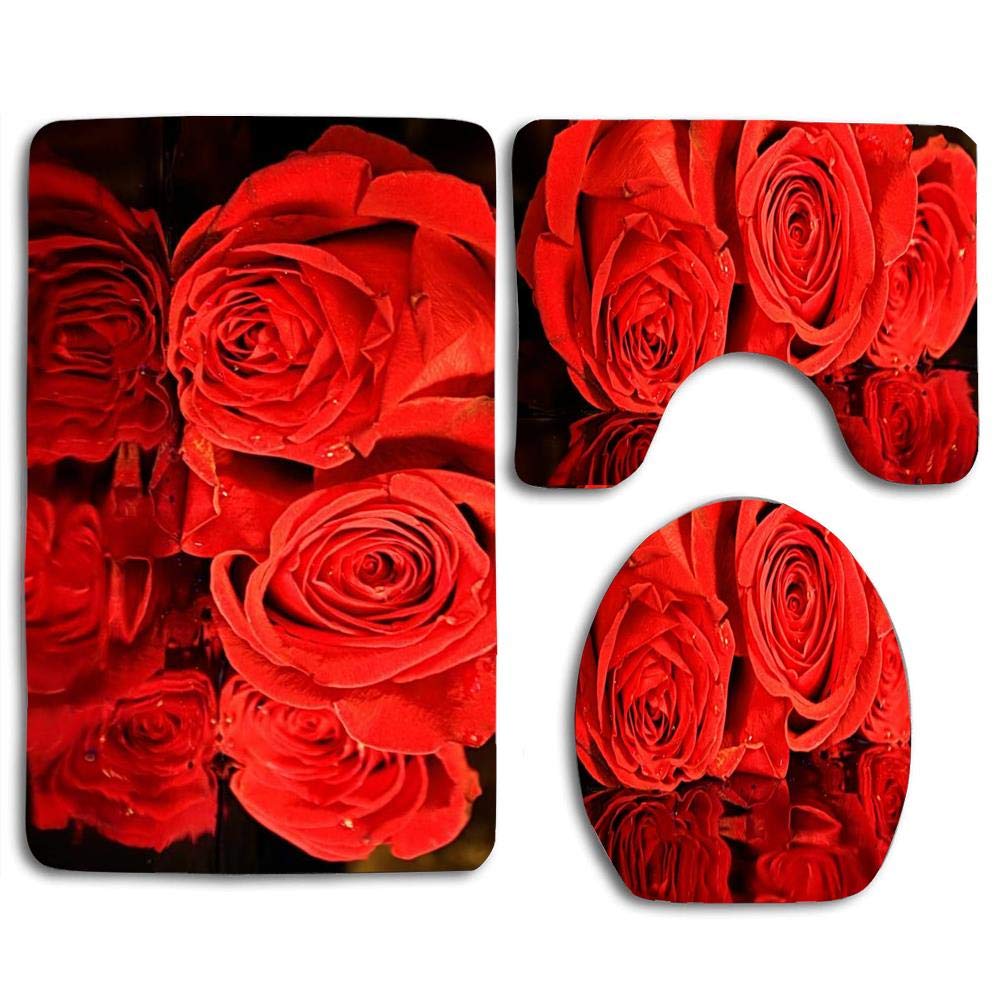 CHAPLLE Red Roses 3 Piece Bathroom Rugs Set Bath Rug Contour Mat and