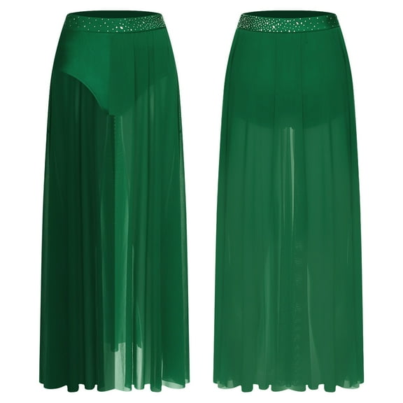 TiaoBug Womens Lyrical Dance Skirt Rhinestone Flowy Maxi Skirt with Briefs Contemporary Dancewear Green XL