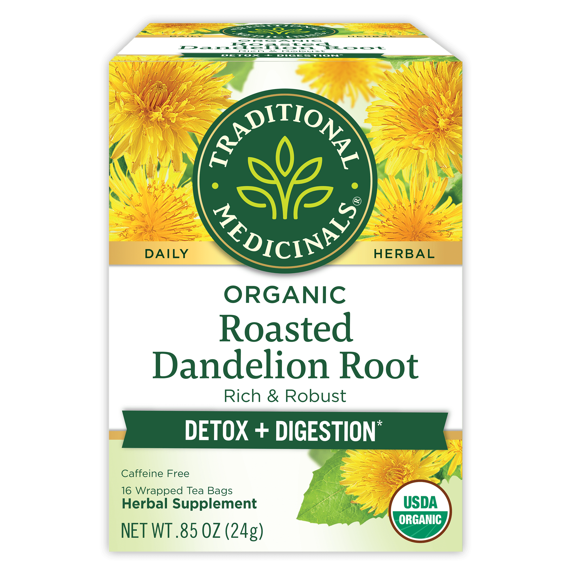 Traditional Medicinals Organic Roasted Dandelion Root Herbal Tea Bags, 16 Count