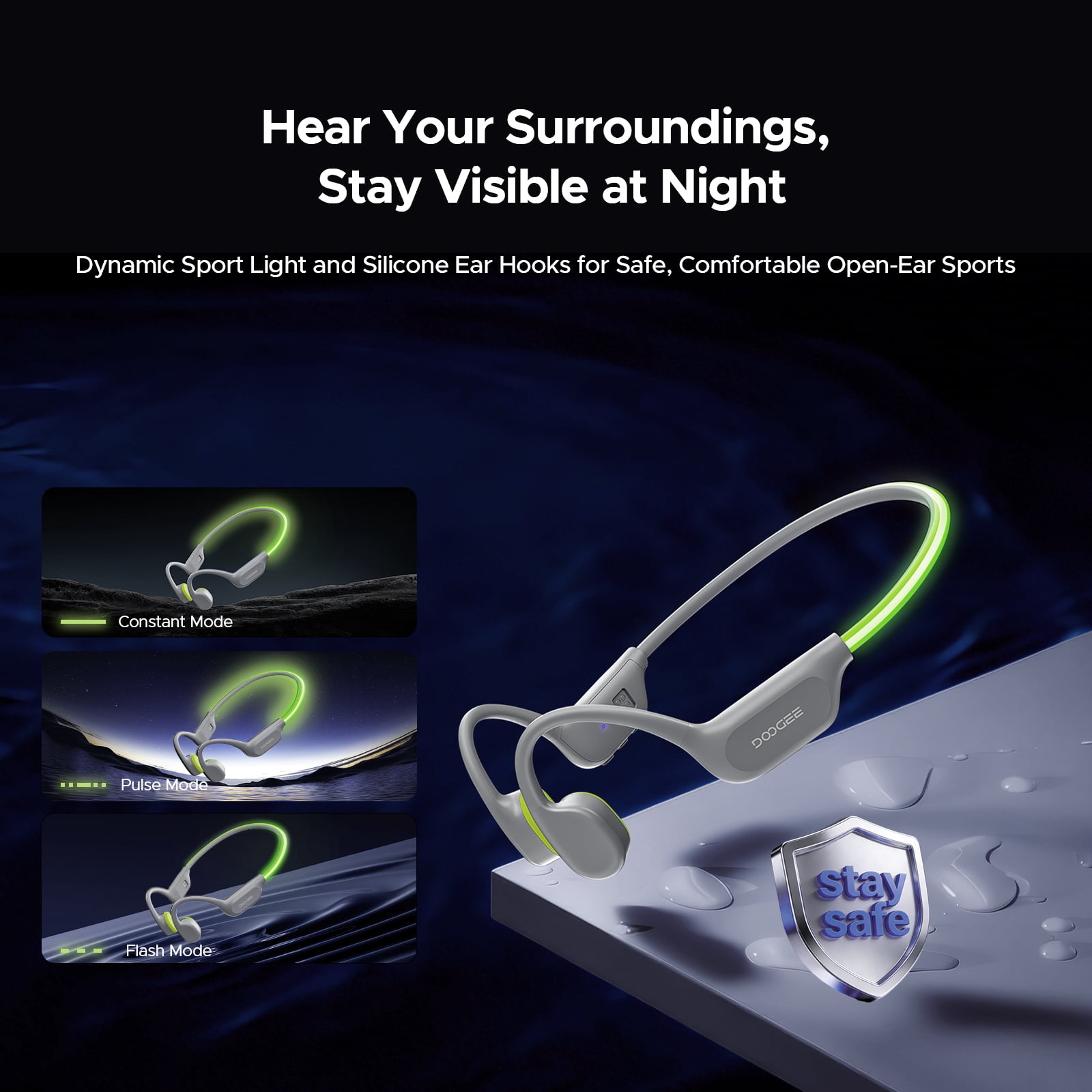 DOOGEE Bone Conduction Swimming Headphones, IP68 Waterproof Open Ear Headphones with 32GB MP3 Player, Bluetooth Audio and LED Safety Light