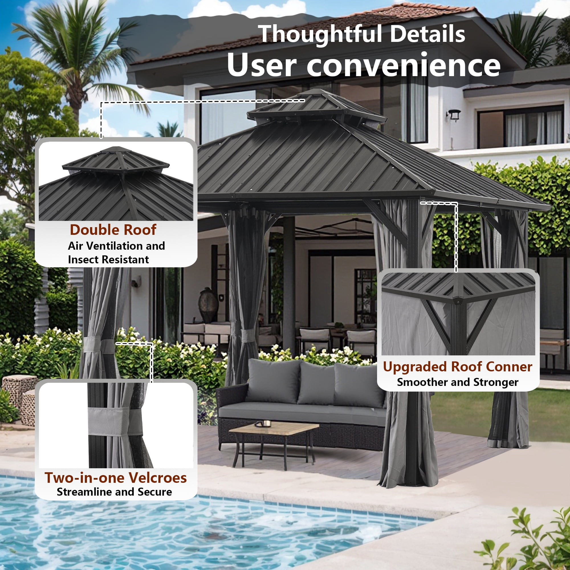 MEWANG 12'x 12'Outdoor Hardtop Gazebo, Metal Double Roof Canopy Gazebo with Curtains and Nettings for Patio,Party.