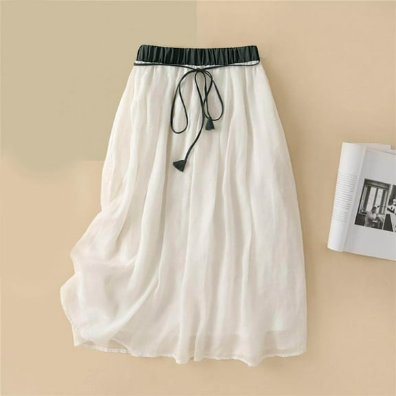 Maoxin Women's Skirts Women's Summer Solid Embroidery Elastic Waist Linen Ankle Skirt ,White,M