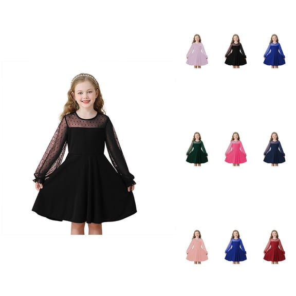 Girls Lace Long Sleeve Solid Color A-Line High Waist Short Dress with Pockets for Ages 4-15