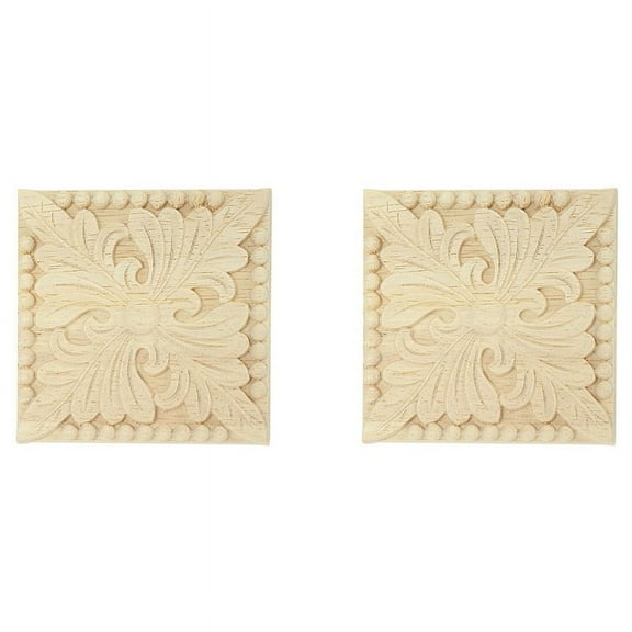 2X Natural Wood Appliques Square Flower Carving Decals Decorative Wooden Mouldings 10X10cm