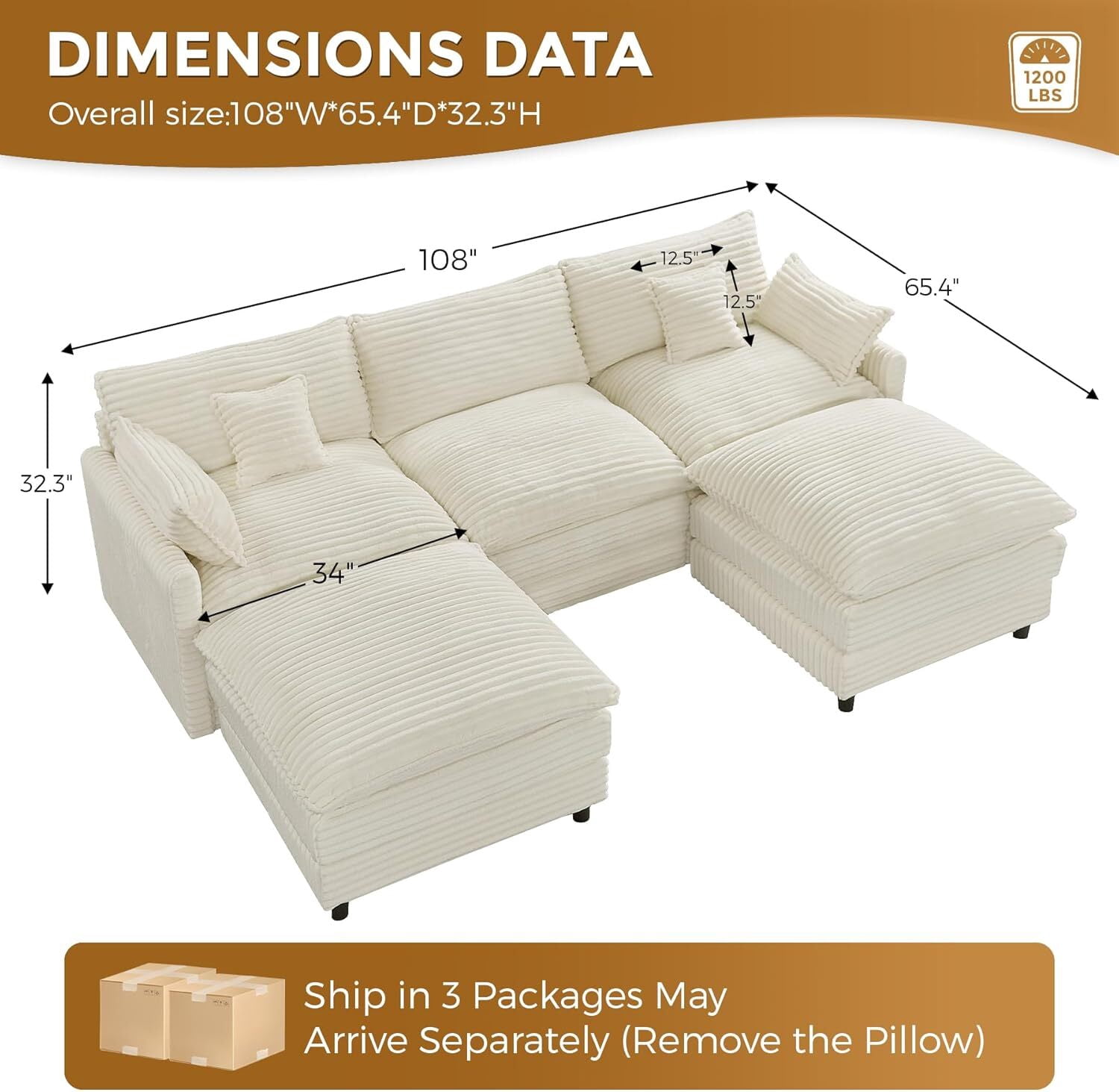 AISWORD 112" Modern L Shaped Modular Sectional Sofa, Cloud Sectional Deep Seat Couch, 4 Seater High-Density Memory Foam Couch Chenille Sofa, Boneless Couches for Living Room, No Assembly, White
