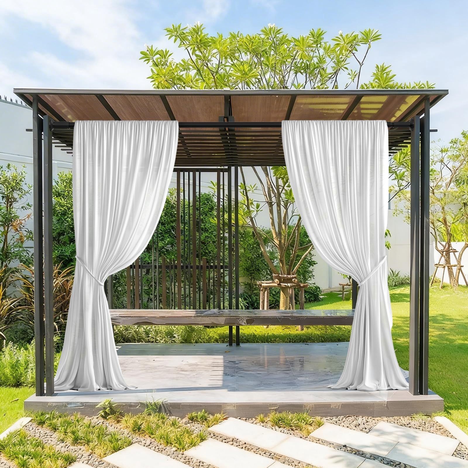 VEGCOO Tension Curtain Rod 51-168 In (4.25-14 Ft), Extra Long Outdoor Curtain Rod No Drilling for Patio Window, Adjustable Shower Curtain Rod for Bathroom, Tension Rod Diameter 1.26In ,Black