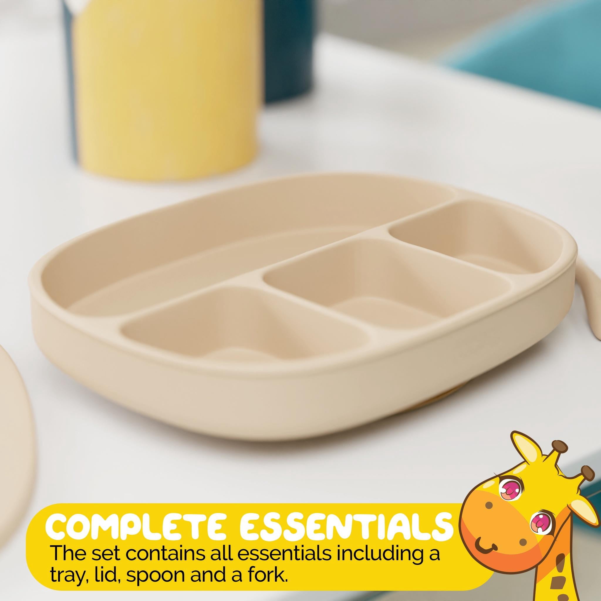 Infant Feeding Set by Muqee Peeko in Beige Color by Muqee Peeko with Plates with Suction and Utensils - (3 Piece Set)