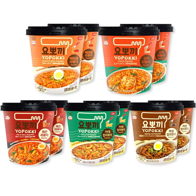 5 flavors of Korean Rapokki (Sweet&Mild Spicy, Kimchi, Hot&Spicy, Curry, Jjajang noodle Cup Ramen(10 Cups)