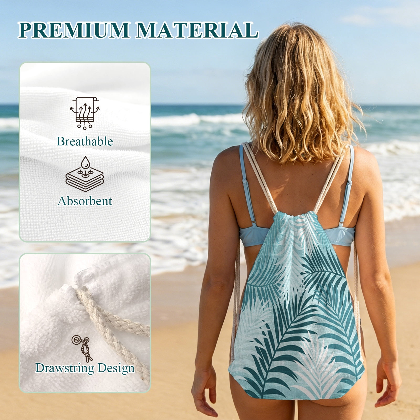 Beach Towel Bag 2 in 1 Turquoise Palm Leaves Bath Pool Towels Backpack Summer Tropical Leaf Plant Absorbent Beach Towel Soft Quick Dry Towels Drawstring Bag for Travel Camping Sports Picnic