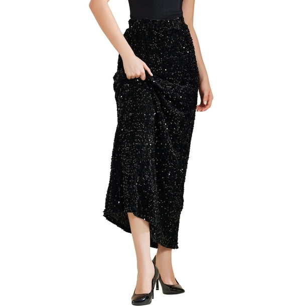 Falda Maxi de Terciopelo con Lentejuelas de Cintura Alta Elástica INSPIRE CHIC para Mujeres S Negra