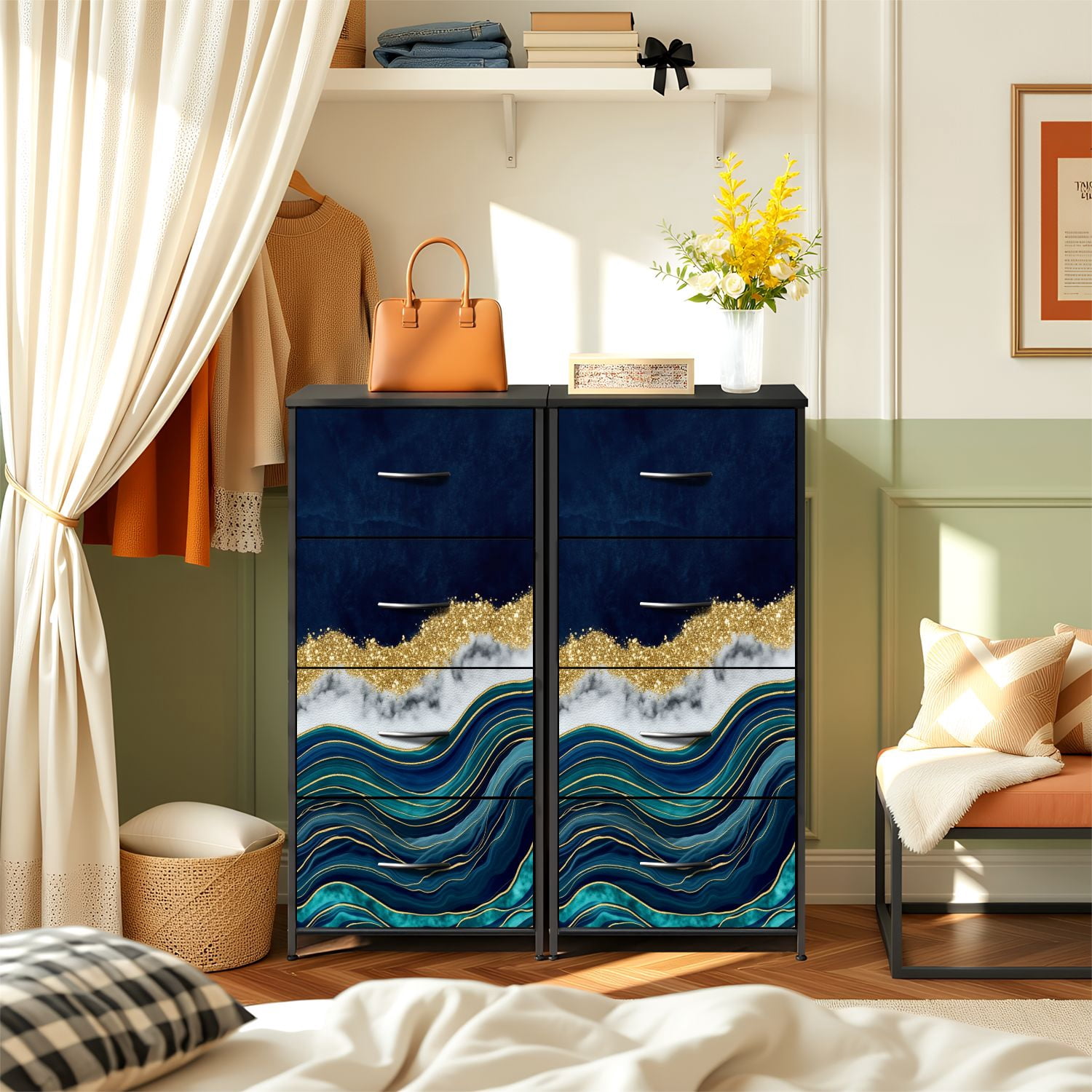 Dresser for Bedroom with 4 Storage Drawers abstract blue agate golden veins white marble fake Dressers Chest of Drawers Steel Framed Fabric Closet Organizers for Dorm Entryway