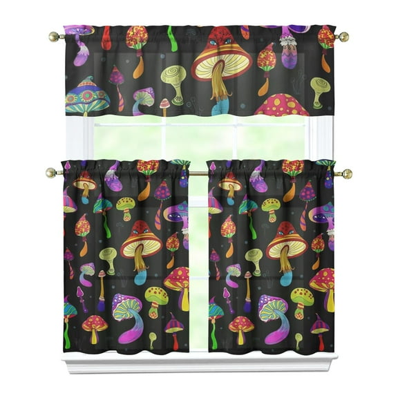 Kitchen Curtains 36 Inch Short - 3 Panel Set, Rod Pocket Window Curtain with Boho Vintage Mushroom Print, 100% Polyester for Farmhouse, Cafe, Kitchen, Bedroom, Easy Wash
