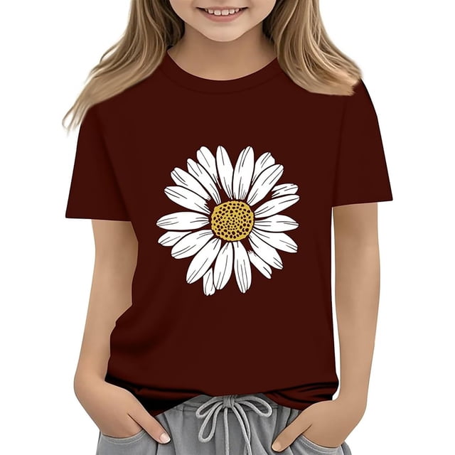 Bmisegm Hauts pour Filles Extérieur Court Printemps Manches Courtes Décontracté Col Rond Pissenlit Ajusté pour Enfants Mignon Été Vin 8-9 Ans