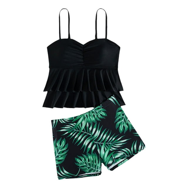 PMVFHDE Big Kid Girls 2 Tropical Style Swimsuit Set With Ruffled Neck Top Shorts Swimsuit Set Girls High Waisted Bathing Suits Black,9