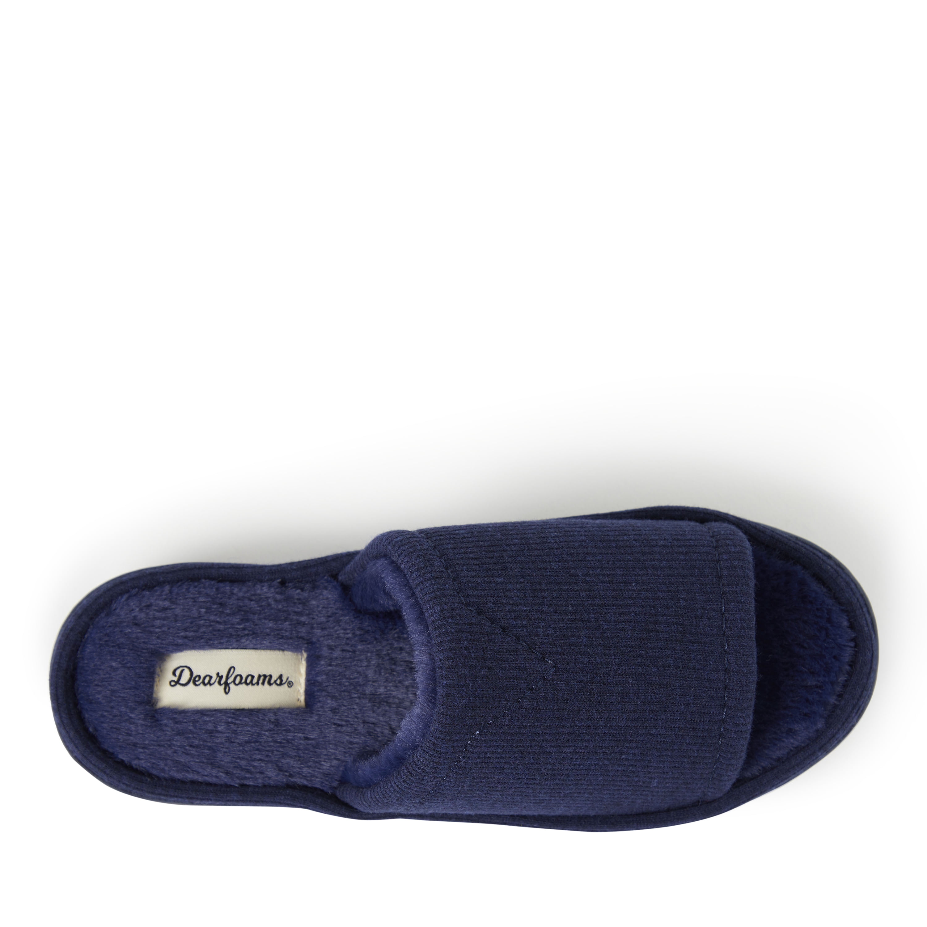Dearfoams Women's Lane Rib Knit Slide Slipper - Faux Sherpa Lining, Memory Foam, Indoor/Outdoor Soles
