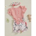 thumbnail image 5 of BemeyourBBs Newborn Baby Girl Summer Outfits Cute Infant Baby Girl Clothes Solid Color Ribbed Knit Short Sleeve Romper Front Bow Floral Cow Print Shorts Set Headband 3Pcs, 5 of 9