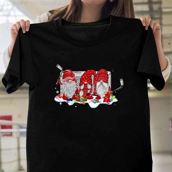 OmniFit21 Awesome Christmas Gnome Ice Hockey Player Graphic, Festive Holiday Sport Fan Fun T-Shirt, for Unisex, up to size 5XL.