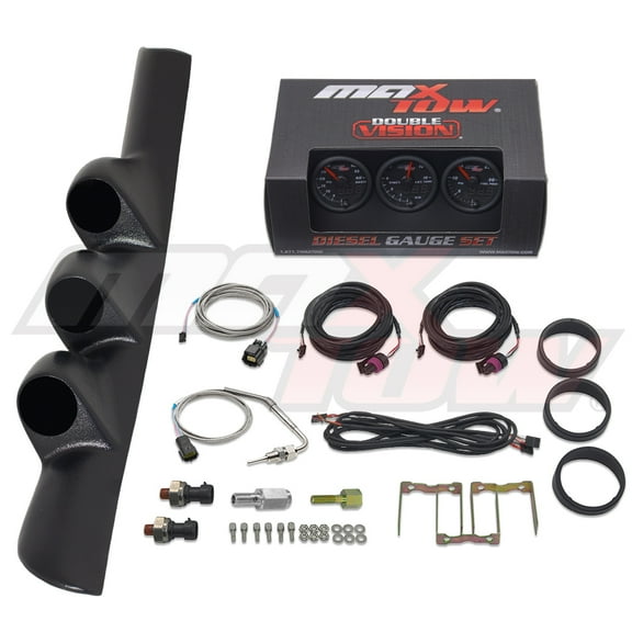 MaxTow | 2nd Gen 1998-2002 Dodge Ram 5.9 Cummins Black Triple Gauge Pillar Pod with Black & Green Double Vision Series 60 PSI Boost Gauge, 1500 F EGT Pyrometer & 30 PSI Fuel Pressure Gauge