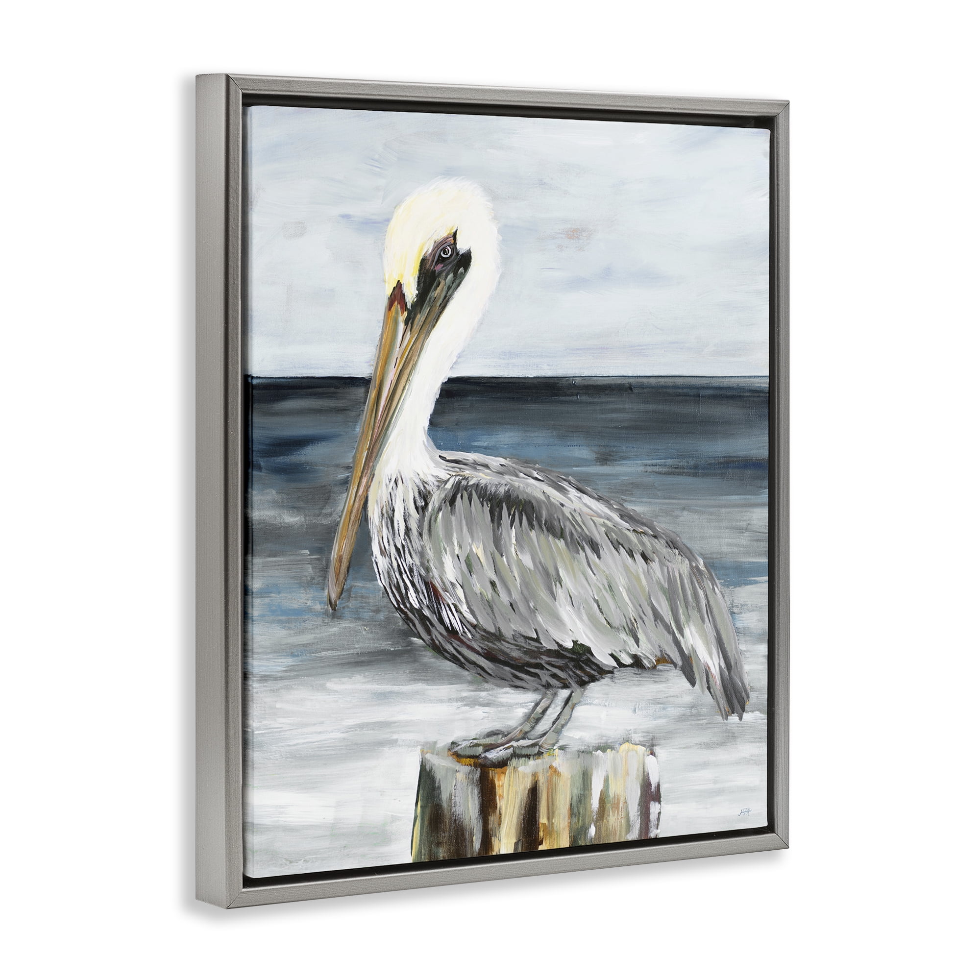 Stupell Industries Peaceful Beach Pelican Animals & Insects Painting Gray Floater Framed Canvas Art Print Wall Art, 25 x 31