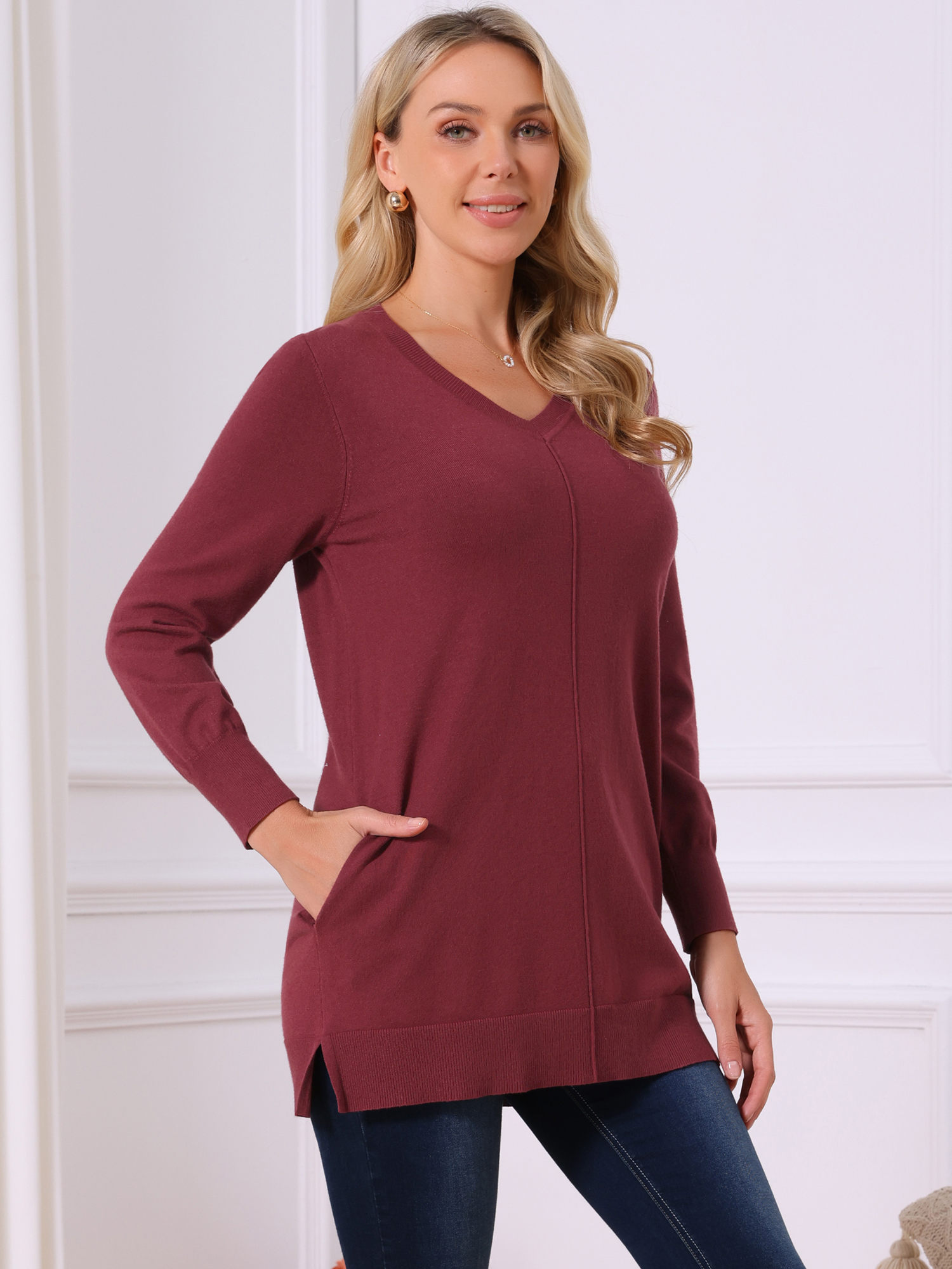 DARING DIVA V Neck Long Sleeve Chunky Knit Pullover Sweater XL Wine Red