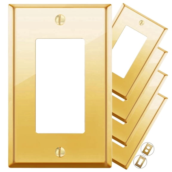 Rio Salto BRASS Polished Gold Rocker Light Switch Wall Plate or Outlet Cover Wall Plate MIDSIZE Metal Single Receptacle Wallplate Covers Decorator 1 Gang Rocker 5-Pack