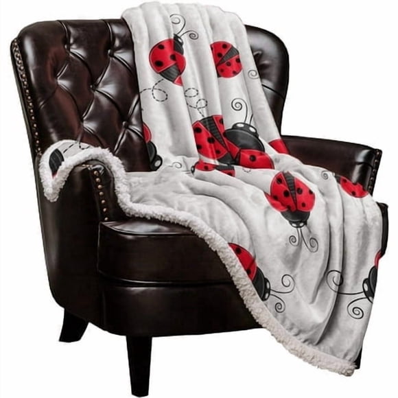 Couverture Sherpa Coccinelle Rouge sur Fond Blanc Couverture de Lit Douce et Confortable de Luxe 50 Pouces"X60 Pouces" Épaisse Réversible Super Chaude Pelucheuse en Microfibre pour Canapé