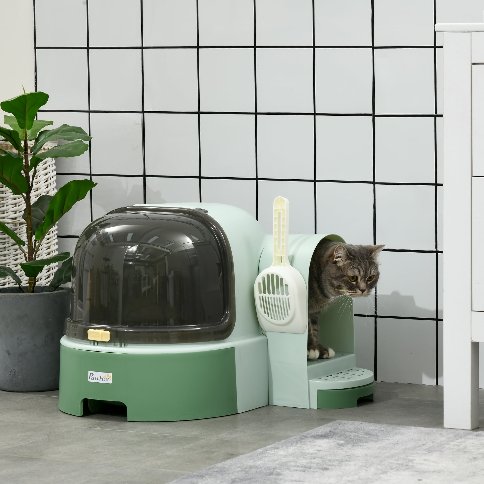 Covered Cat Litter Box with Lid Space Capsule Design Openable Front Cover Litter Scoop Included Easy to Clean Anti-Tracking Private Odor-Locking Litter Box Green