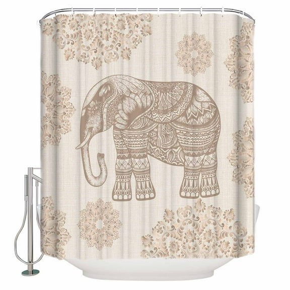 Fabric Shower Curtain, Boho Elephant and Flowers Retro Linen Bathroom Curtain with 12 Hooks Waterproof No Bad Odor Machine Washable Bath Curtains for Bathroom, Spa Room, 36"x72"