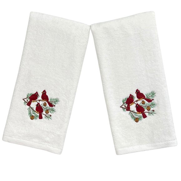 Christmas Hand Towels: Plush Velour Cotton With Embroidered Winter Cardinal Birds On Pine Tree Set Of 2