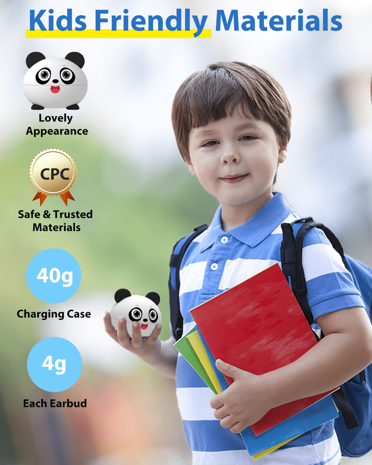 Wireless Earbuds for Kids, Built with Mic, 85dB Safe Volume, Light Weight, Bluetooth 5.3, IPX6 Waterproof, Passive Noise Cancelling, Girls Boys Teen Earbuds for School Travel, Panda