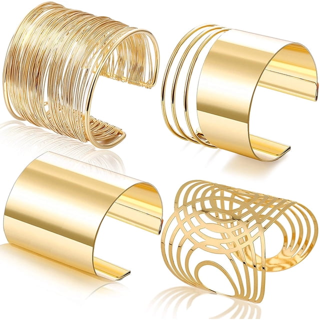 Juego de 4 piezas de brazaletes, brazalete abierto de línea ancha para mujer, brazalete dorado para la muñeca Ormromra WMPH-924-1