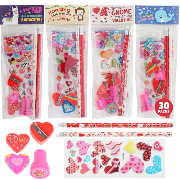 Papelería Funeta para el día de San Valentín, paquete de 30 con lápices y gomas de borrar