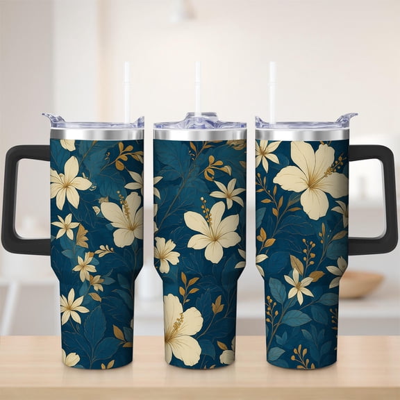 Floral Hibiscus Blue Stainless Steel Insulated Mug with Lid and Handle, 30oz