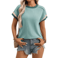 thumbnail image 2 of Blusa Informal de Corta con Cuello Redondo y Bloques de Color Acanalados para Mujer Lago Verde L, 2 of 9