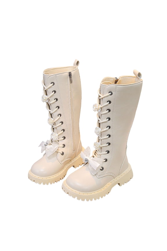 Knee High Girls Boots Elegant Dress Pearl Strappy Sweet Bow Long Riding Booties Lug Sole Side Zipper Tall Fall Boots Beige 1 Big Kids