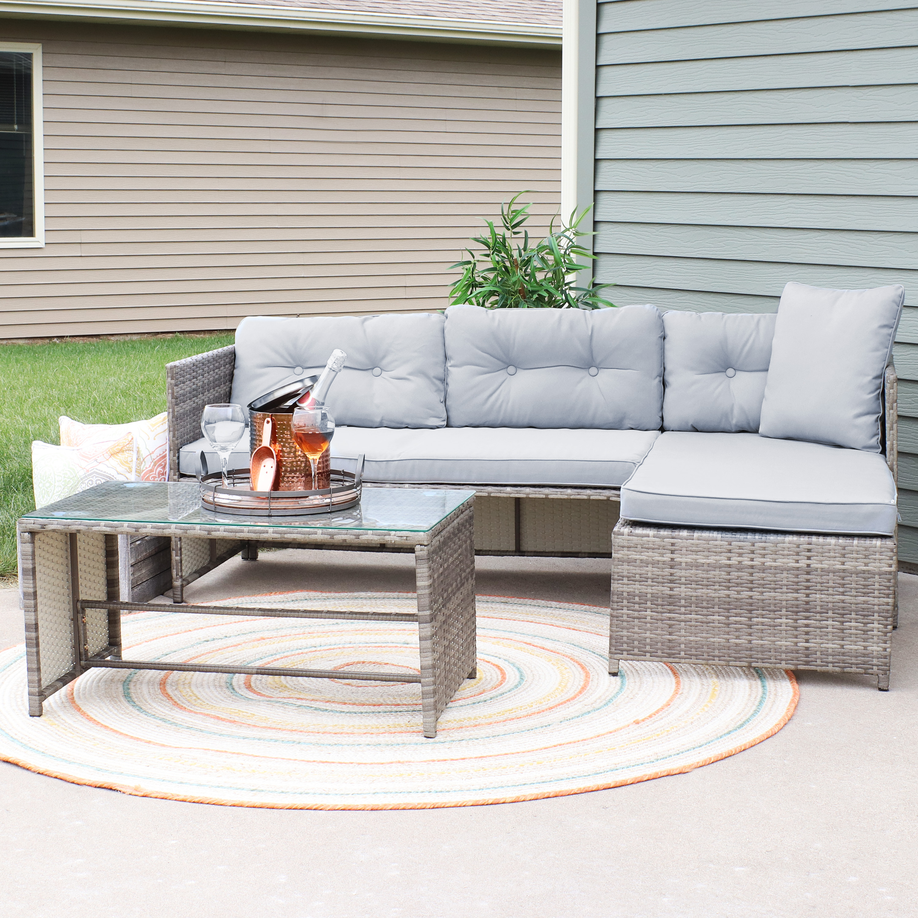 Sunnydaze Outdoor Longford Patio Sectional Sofa Conversation Set with Cushions and Table - Stone Gray - 3pc - image 2 of 11
