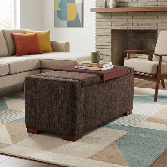 Simpli Home Bretton 42 " Transitional Rectangle Lift Top Storage Ottoman in Deep Umber Brown Polyester Fabric