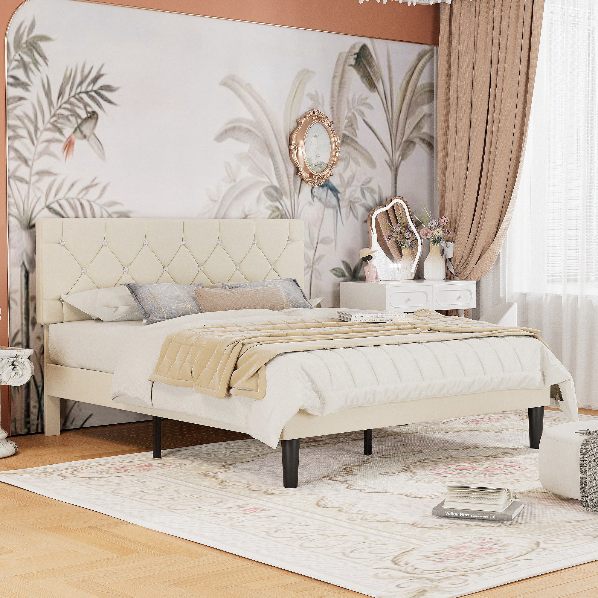 VECELO Queen Size Upholstered Bed Frame, Modern Platform Bed Frame with Diamond Tufted Headboard, No Box Spring Needed, Easy Assembly, Beige